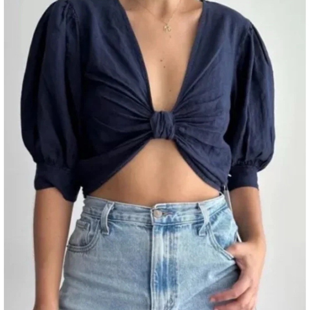 YFB Navy Blue Linen Blend Puff‎ Sleeve Twist Front Crop Top XS